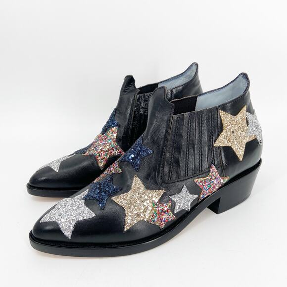Chiara Ferragni Ankle Boot Star Patches Black Leather 35 - Picture 1 of 6